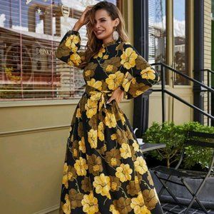 Black and yellow casual dress with floral print